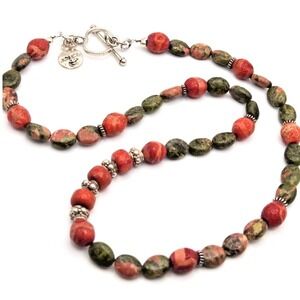 Artisan Crafted Genuine Unakite Coral and 925 Sterling Silver Necklace Handmade